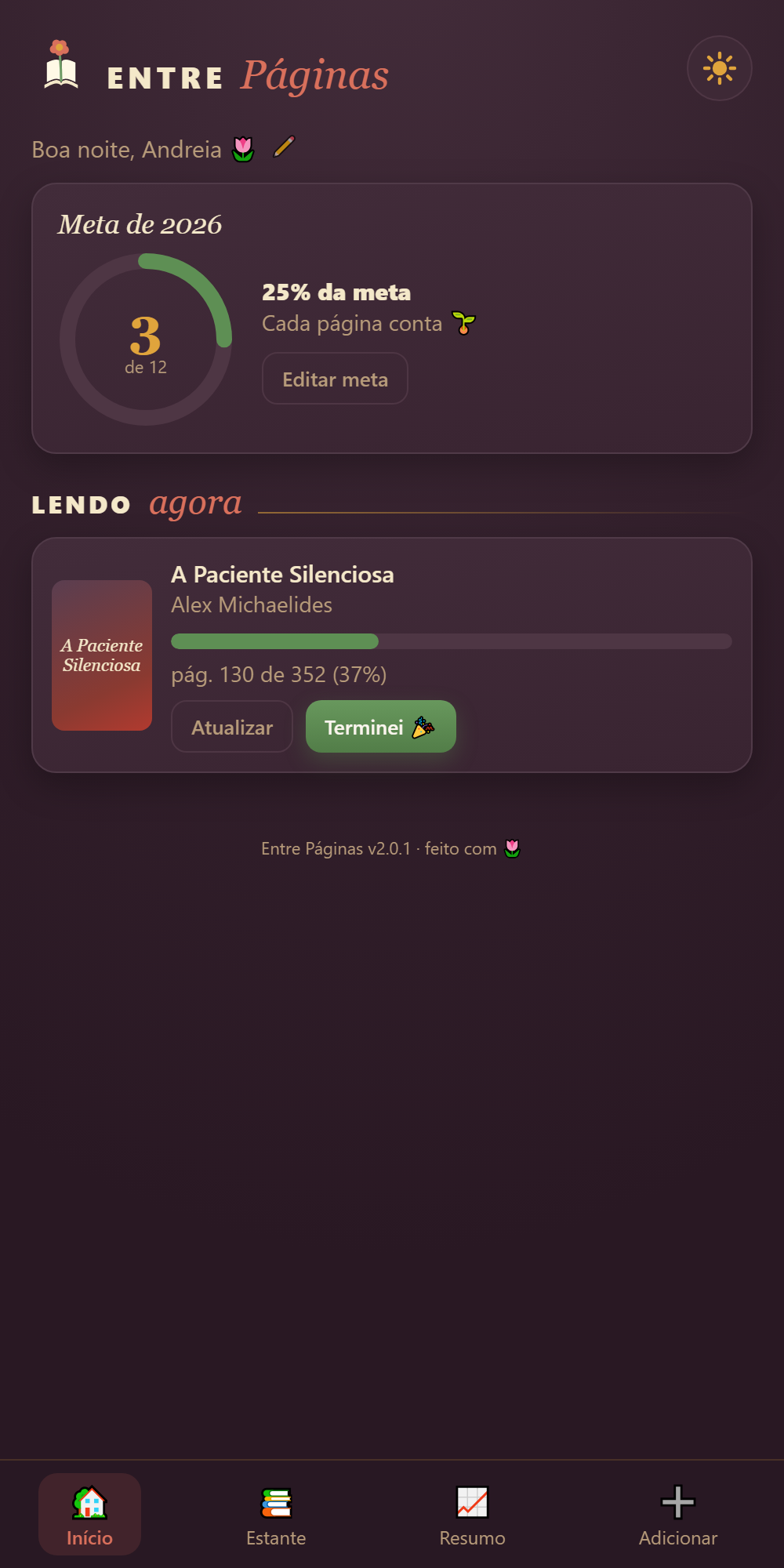 Tela inicial do app com meta do ano e leitura atual